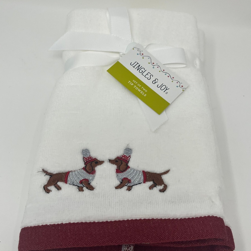 Jingles & Joy Set of 2 Tip Towels Holiday Christmas Dachshund Dog Embroidered
